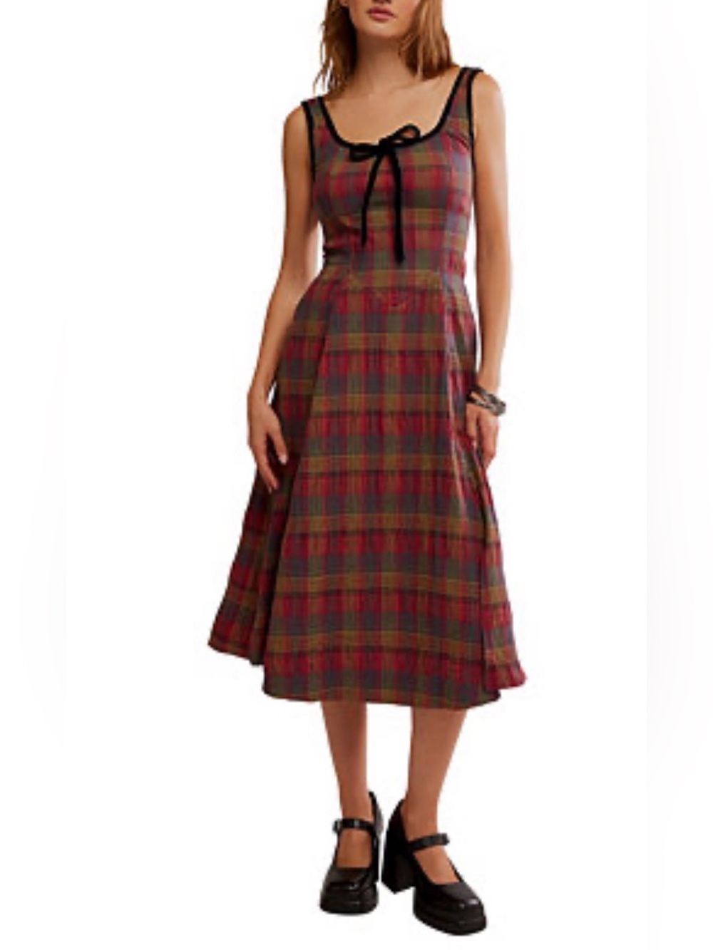 Free People Freya Strappy Plaid Midi Dress Cherry Medium NWT - Picture 4 of 16